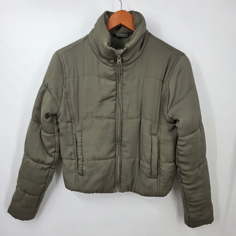 Abercrombie & Fitch Womens Olive Green Cropped Puffer Jacket Full Zip Quilted XS